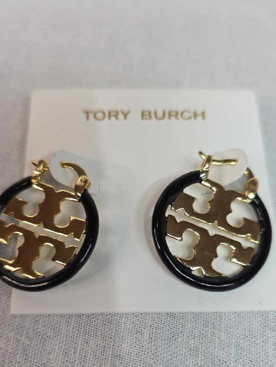 Tory Burch Black and Gold Logo Hoop Earrings - Picture 2 of 4